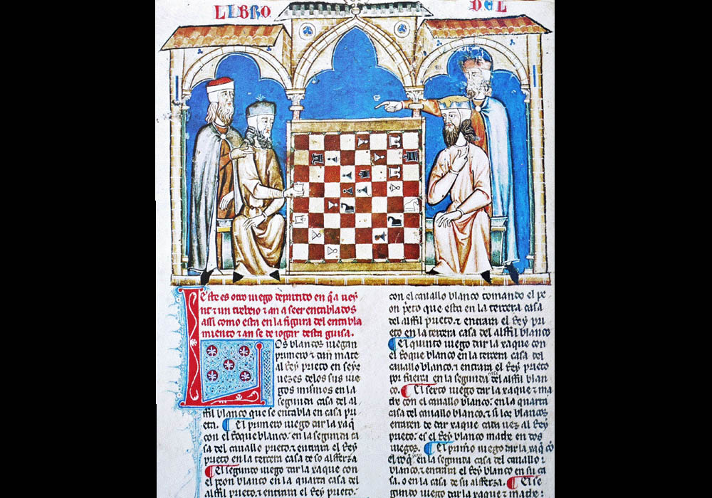Libro Ajedrez Dados Tablas-Alfonso X sabio-manuscrito iluminado códice-facsímil-Vicent García Editores-4 jugada fol 21v.